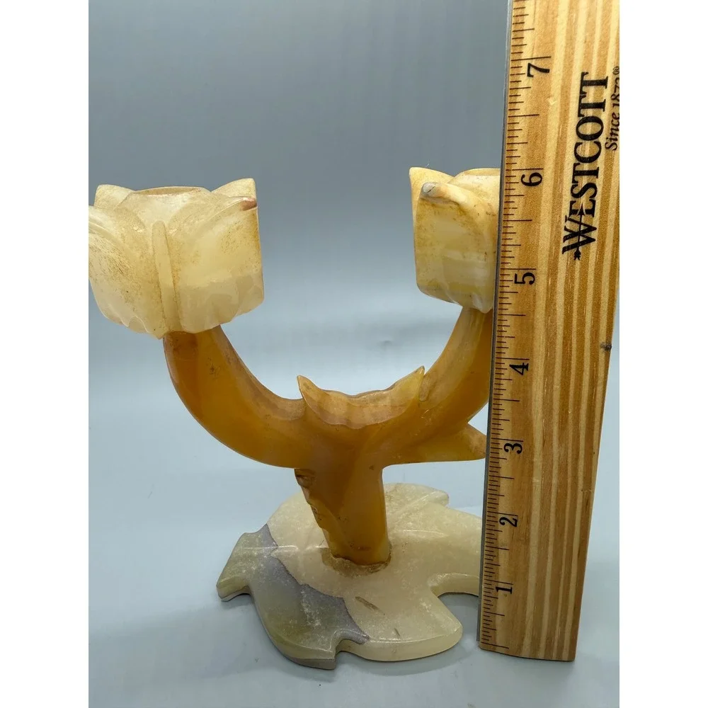 Vintage Onyx Stone Double Tulip Candle Holder Hand Carved Tan Cream 6in Heavy